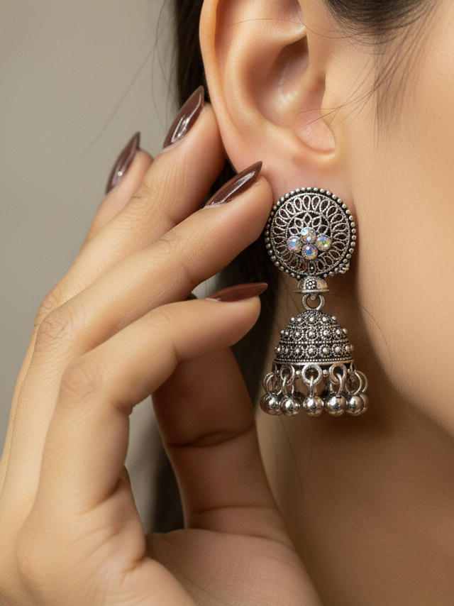 Oxidised Silver Round Stone Jhumka Earrings