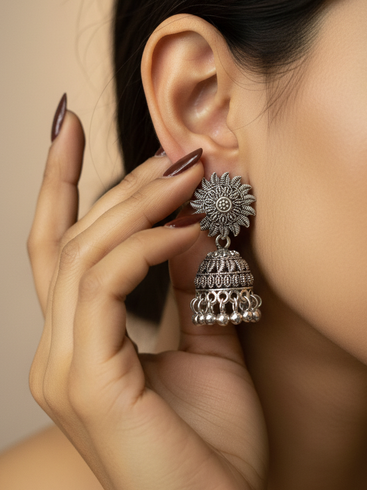 Oxidised Silver Sunflower Jhumka Earrings