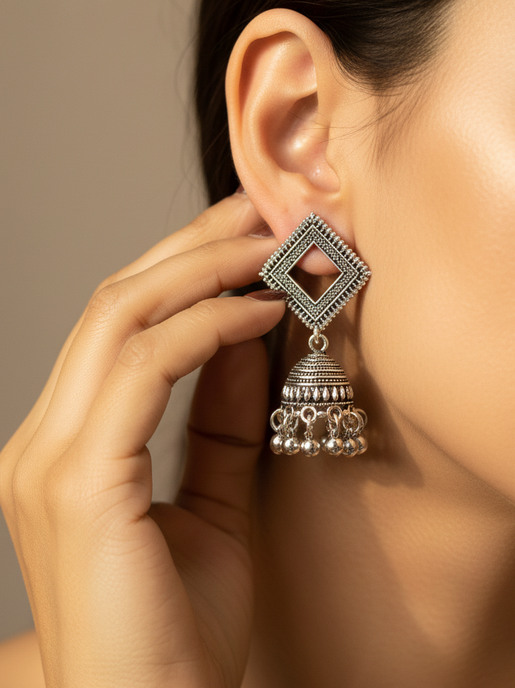 Oxidised Silver Open Square Jhumka Earrings