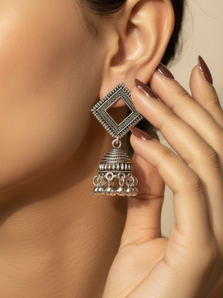 Oxidised Silver Open Square Jhumka Earrings