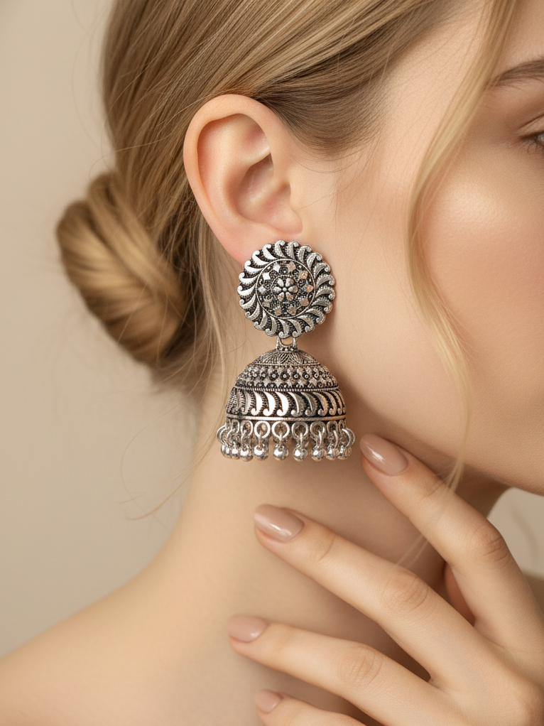 Antique Silver-Plated Oxidised Jhumka Earrings