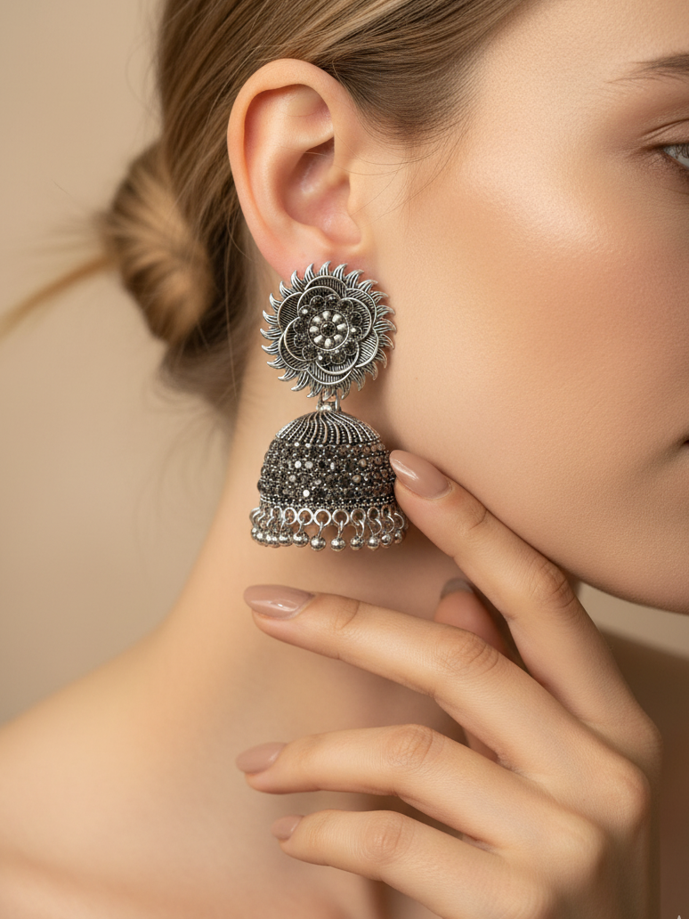 Antique Oxidised Silver Floral Jhumka Earrings