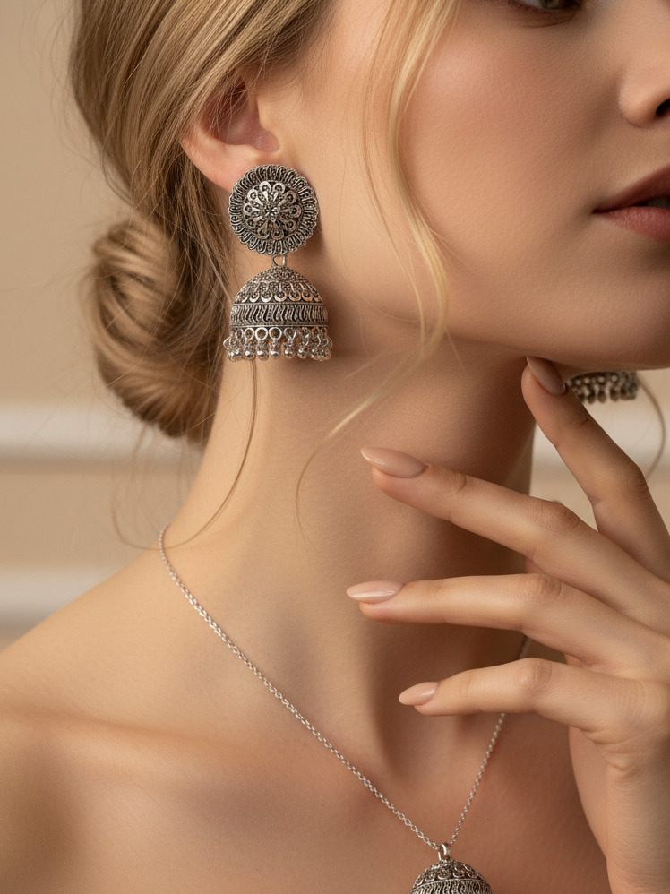 Oxidised Silver Big Round Jhumka Earrings