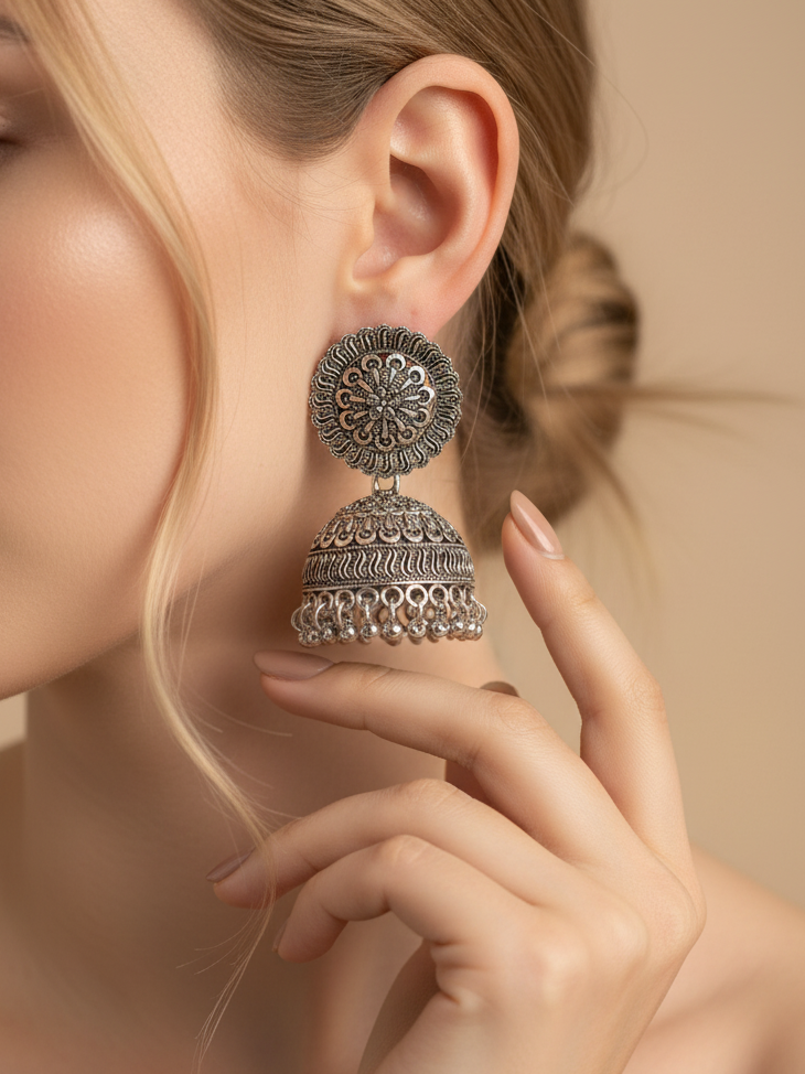 Oxidised Silver Big Round Jhumka Earrings