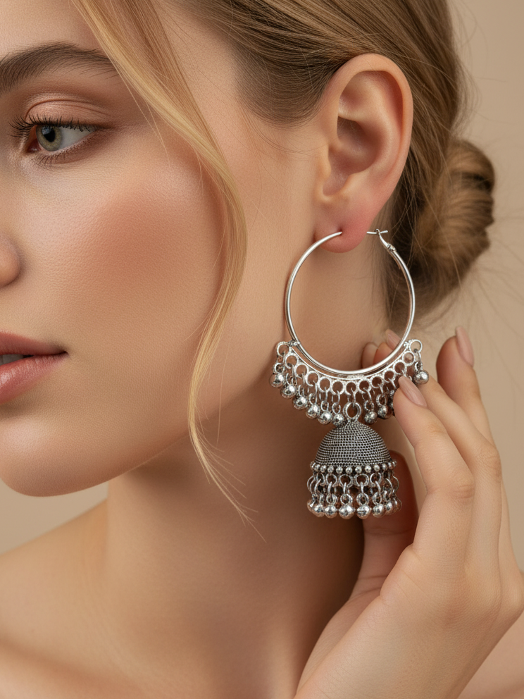 Oxidised Silver Hoop Jhumka Earrings with Micro Bead Dome