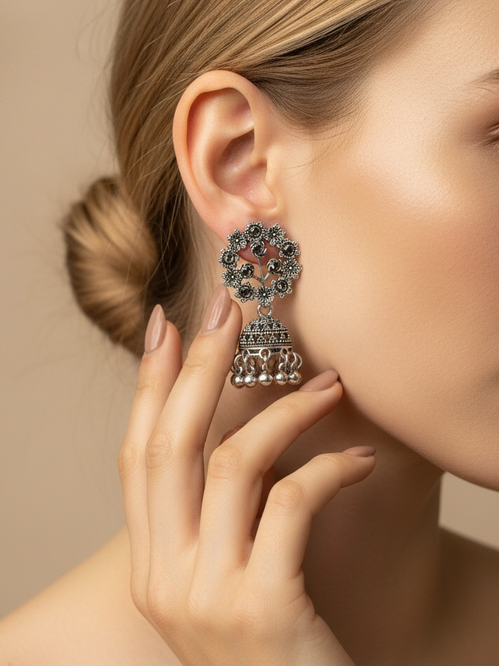 Oxidised Silver Floral Heart Jhumka Earrings