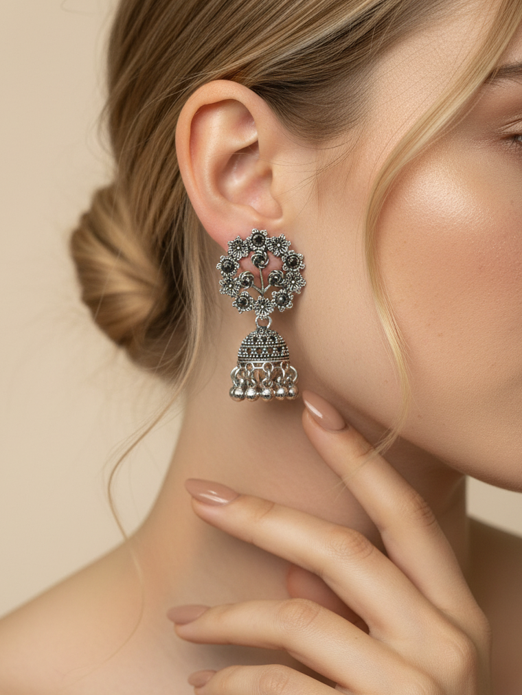 Oxidised Silver Floral Heart Jhumka Earrings