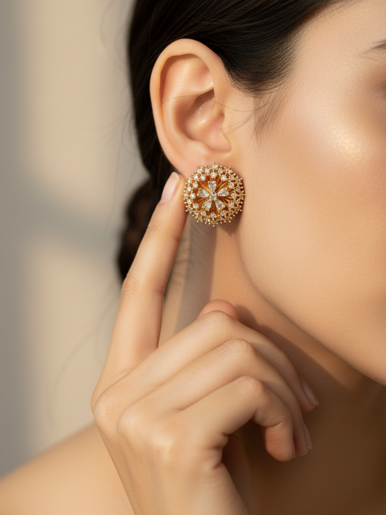 Gold-Plated CZ Round Floral Stud Earrings