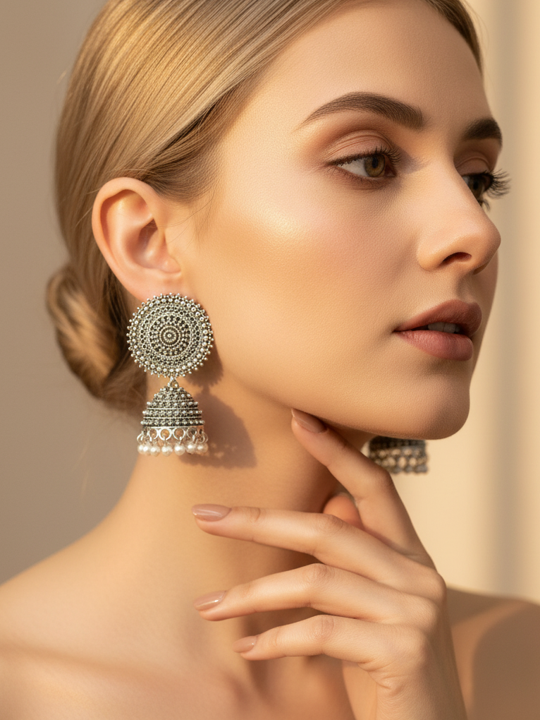 Oxidised Silver Round Micro Bead Jhumka Earrings