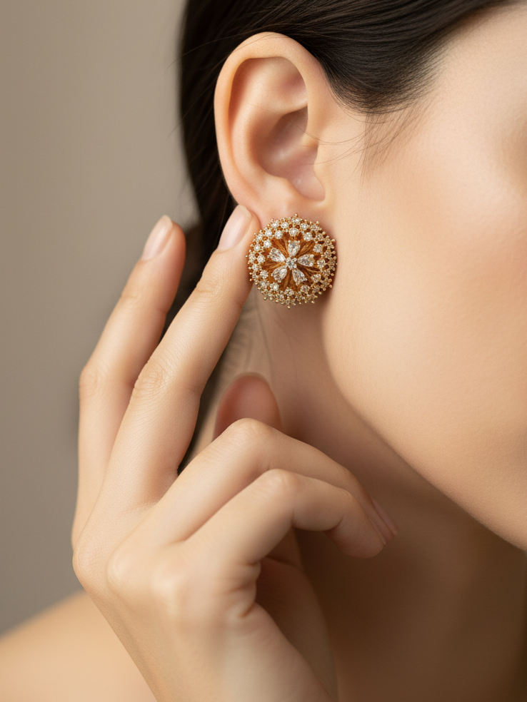 Gold-Plated CZ Round Floral Stud Earrings