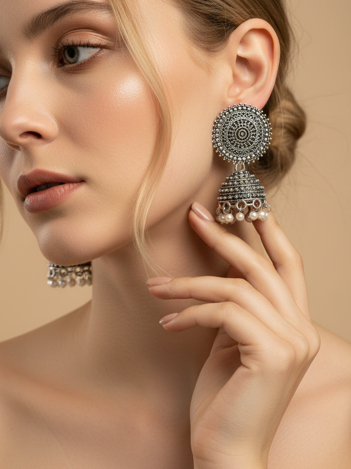 Oxidised Silver Round Micro Bead Jhumka Earrings