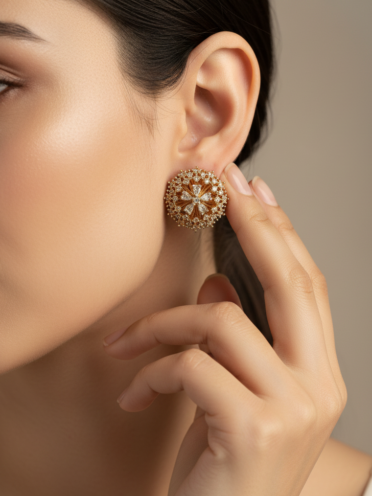 Gold-Plated CZ Round Floral Stud Earrings