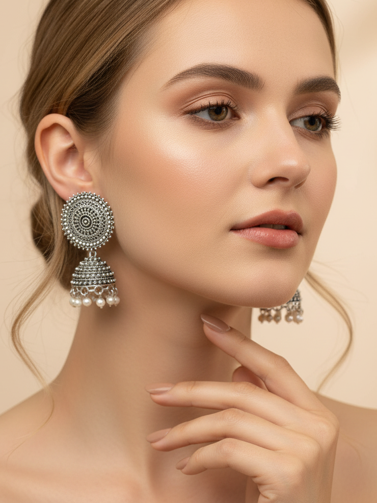 Oxidised Silver Round Micro Bead Jhumka Earrings