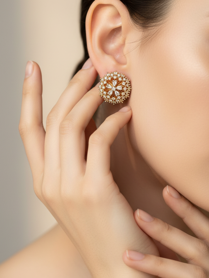 Gold-Plated CZ Round Floral Stud Earrings