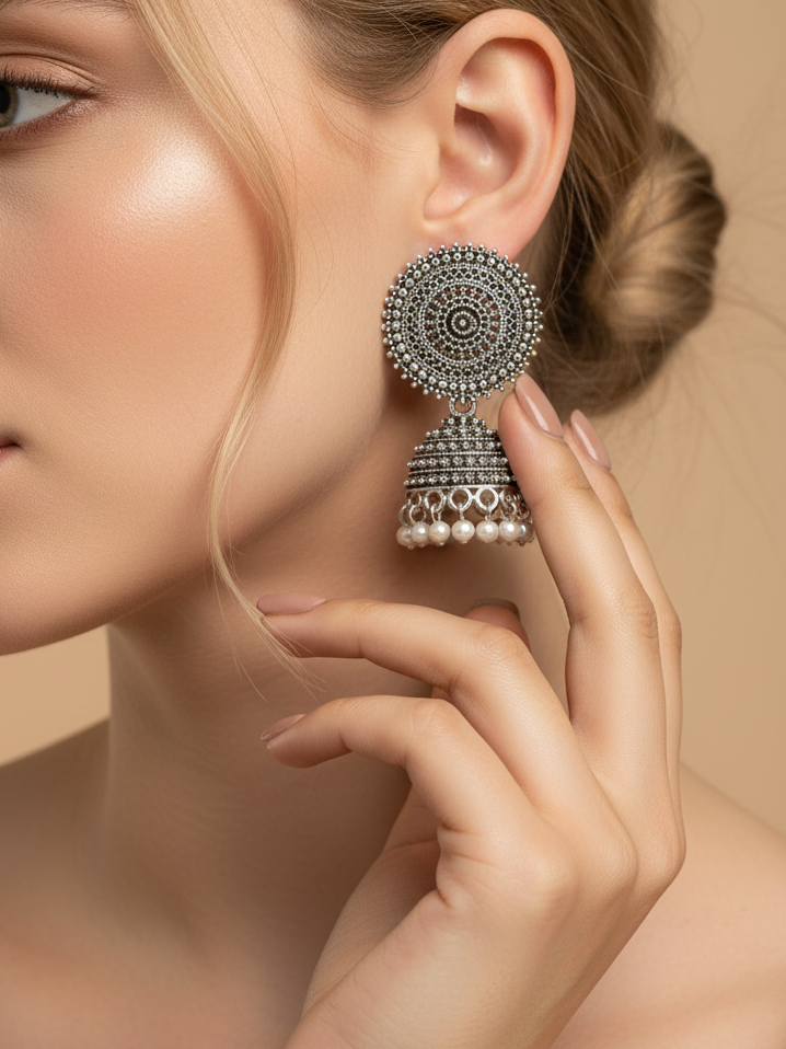 Oxidised Silver Round Micro Bead Jhumka Earrings