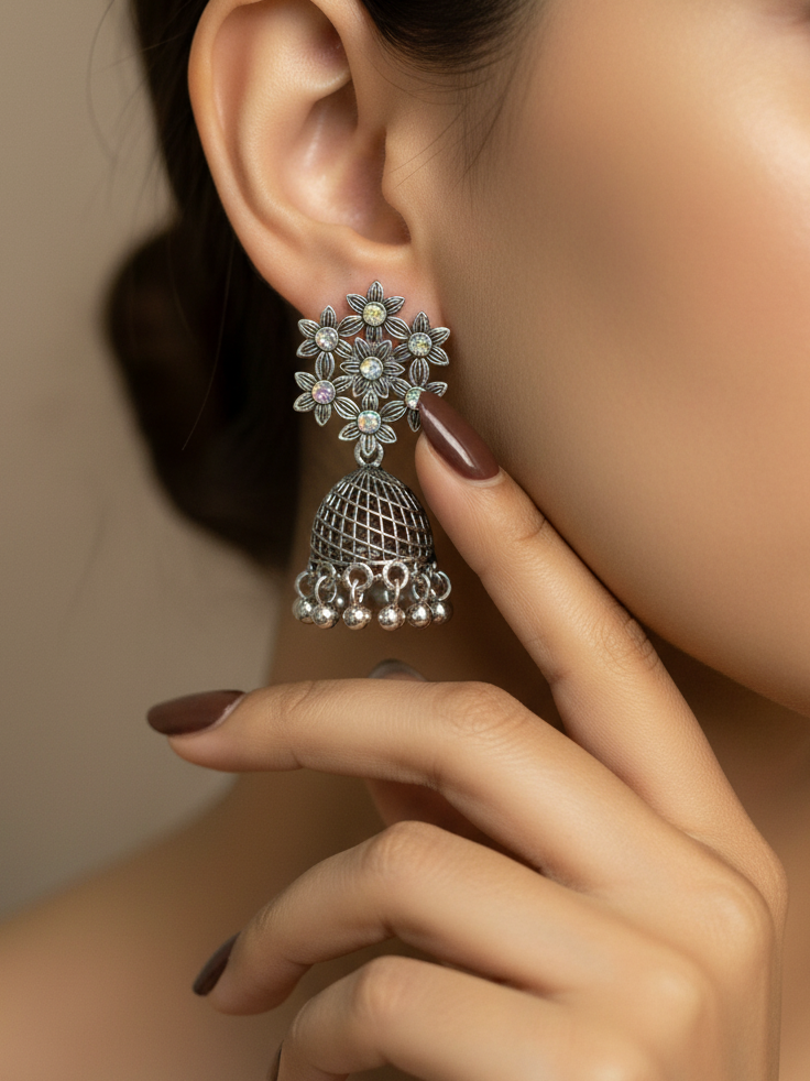 Oxidised Silver Floral Cluster Jhumka Earrings with Stone Highlights