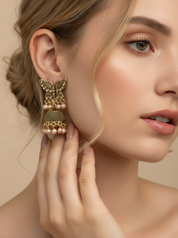 Butterfly Design Antique Gold Jhumka Earrings