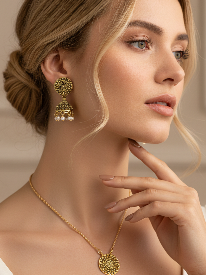 Antique Gold-Plated Micro Bead Jhumka Earrings