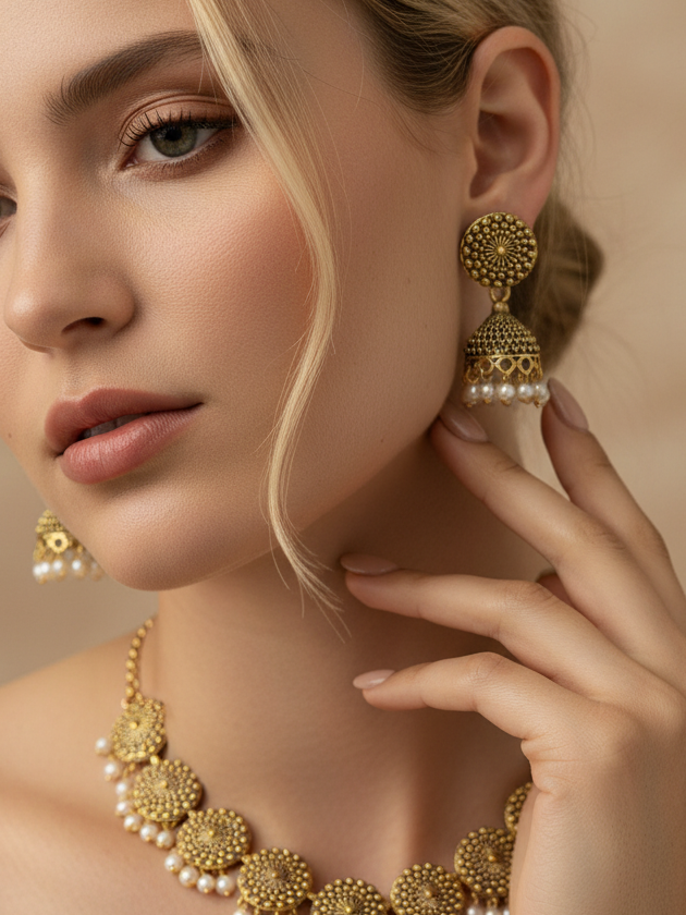 Antique Gold-Plated Micro Bead Jhumka Earrings