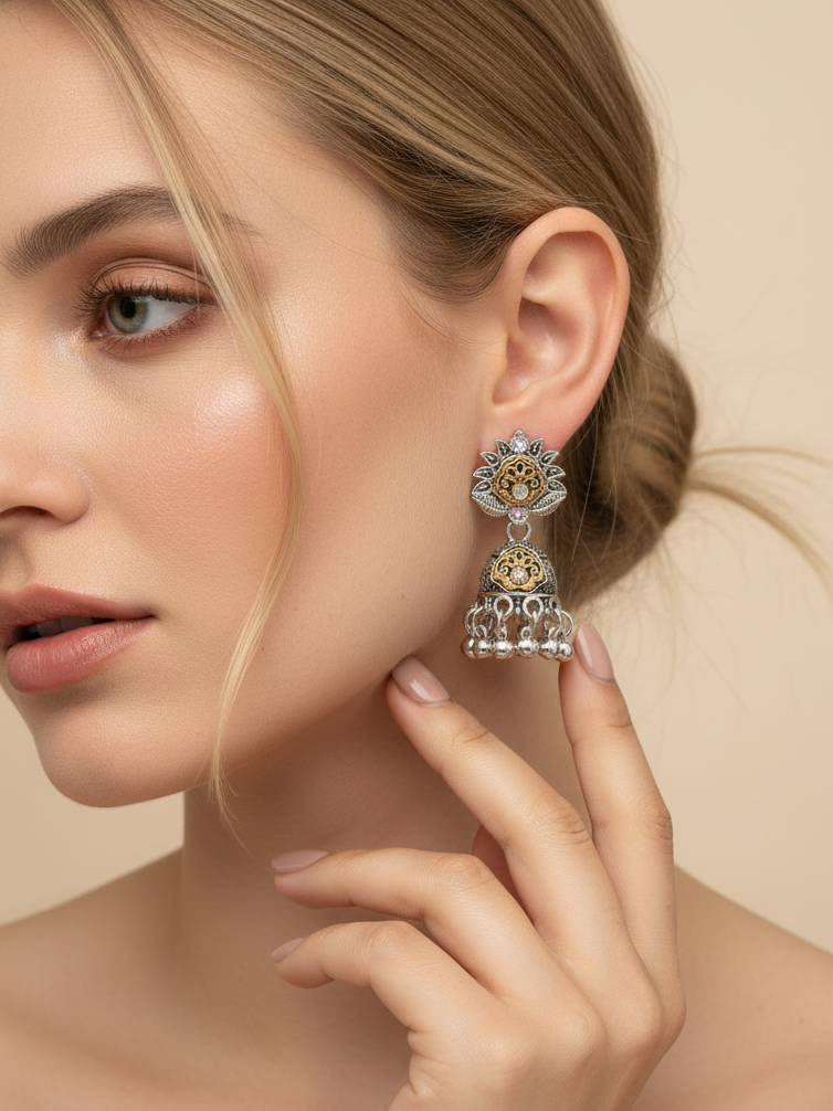 Dual Tone Lotus Jhumka Earrings with Ghungroo Beads