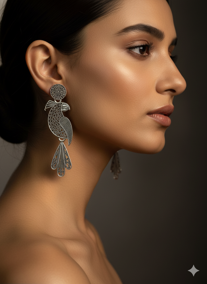 Oxidised Silver Long Peacock/Parrot Drop Earrings