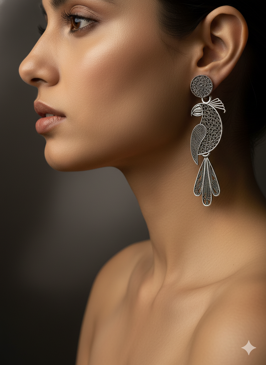 Oxidised Silver Long Peacock/Parrot Drop Earrings