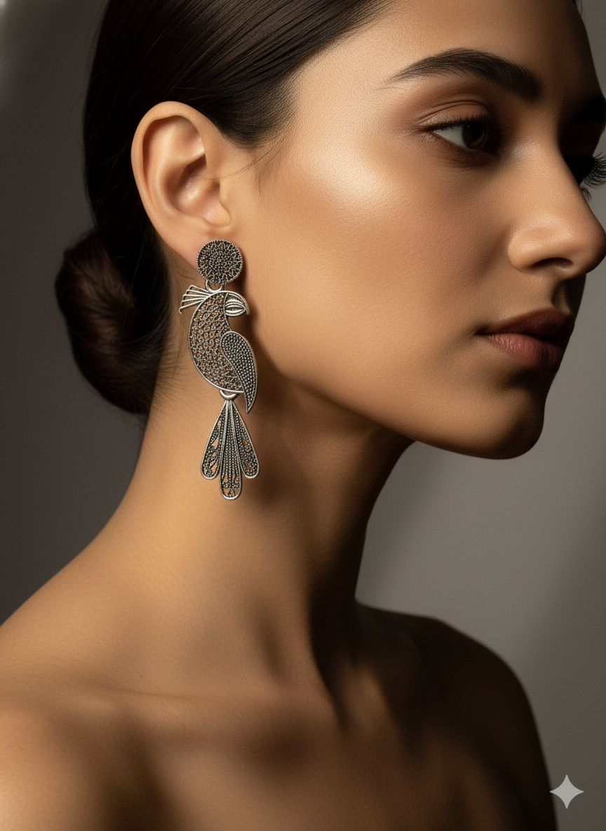 Oxidised Silver Long Peacock/Parrot Drop Earrings