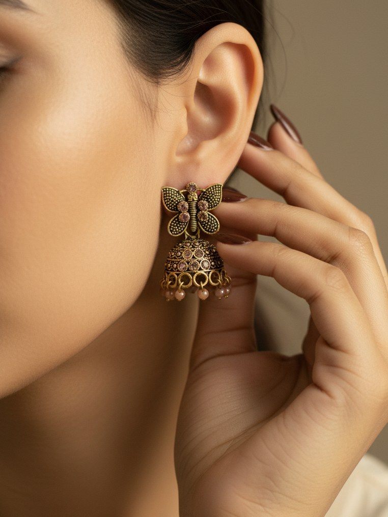 Antique Gold-Plated Butterfly Jhumka Earrings