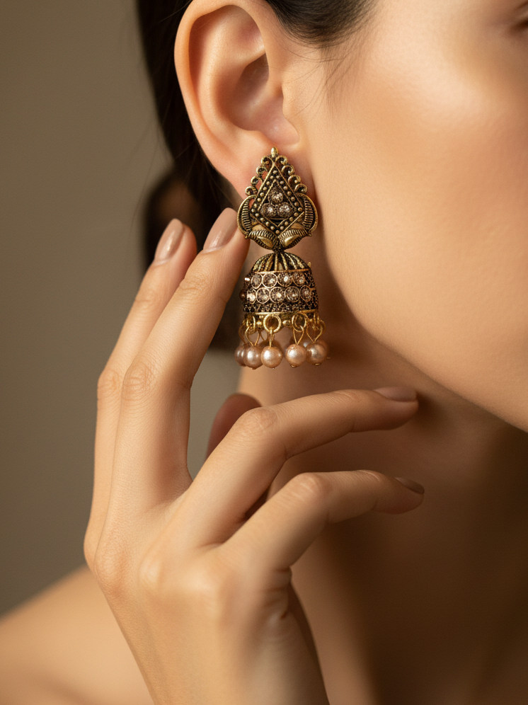 Antique Gold-Plated Stone Jhumka Earrings with Beads
