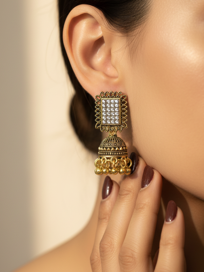 Antique Gold-Plated Square Stone Jhumka Earrings
