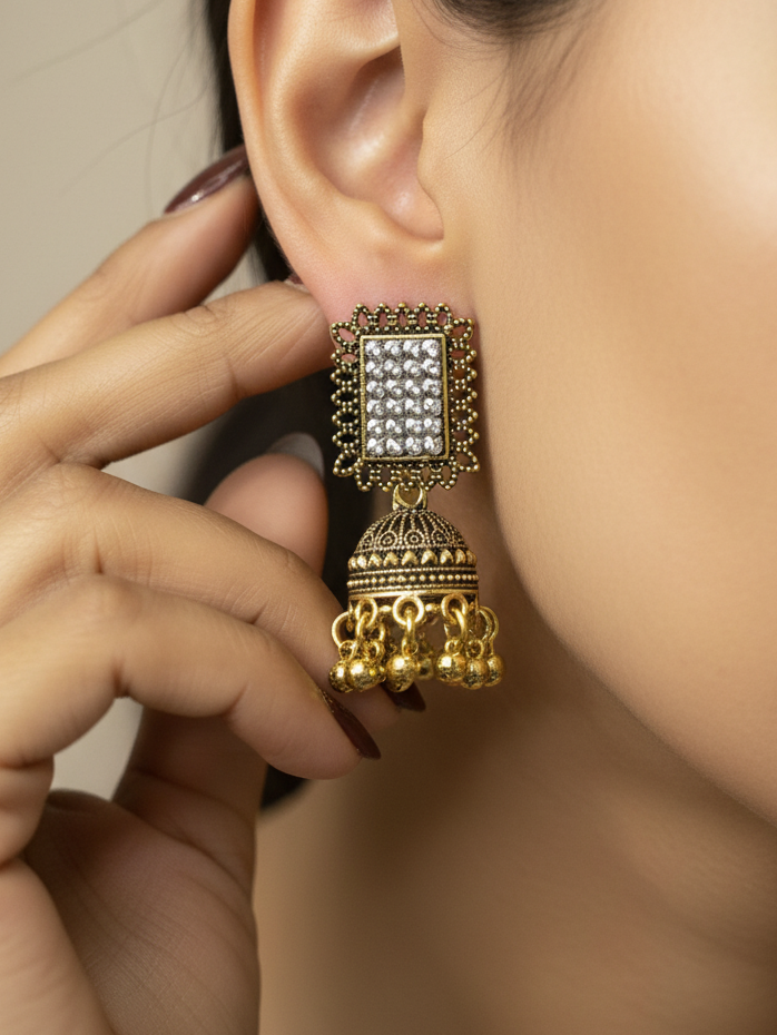 Antique Gold-Plated Square Stone Jhumka Earrings