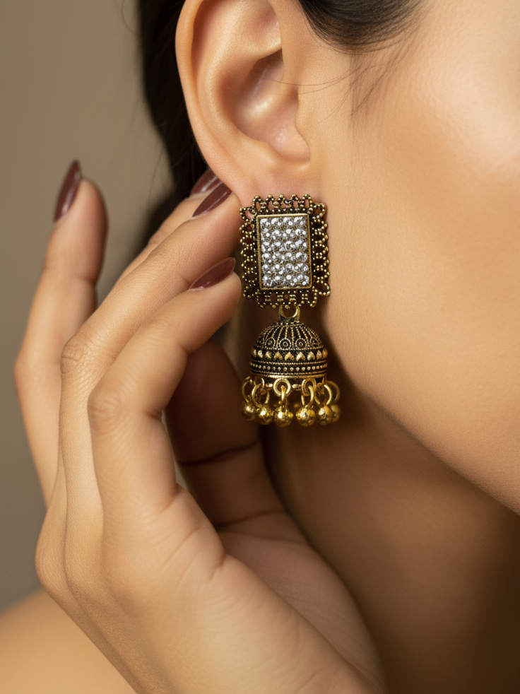 Antique Gold-Plated Square Stone Jhumka Earrings