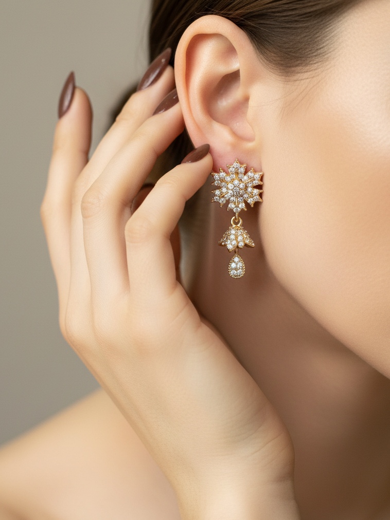 Gold-Plated CZ Floral Drop Earrings