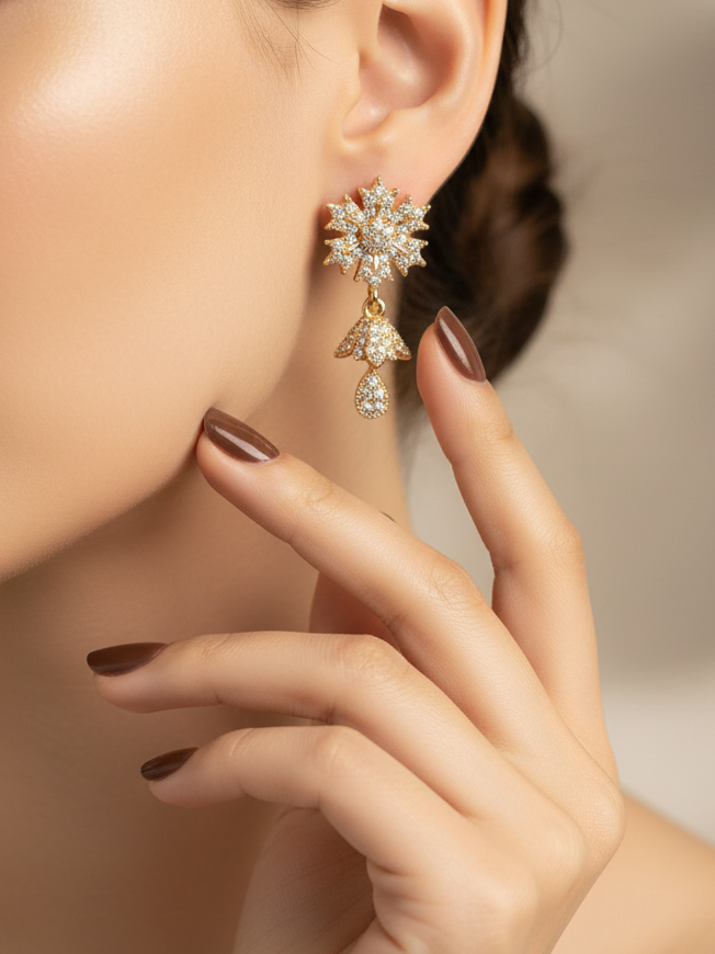 Gold-Plated CZ Floral Drop Earrings