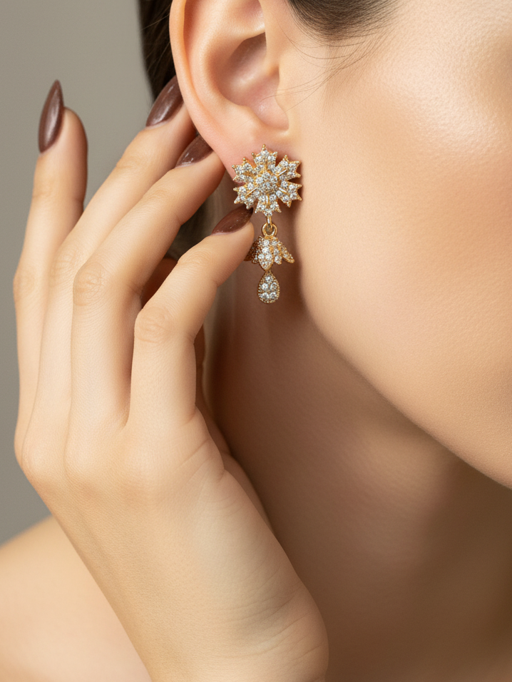 Gold-Plated CZ Floral Drop Earrings