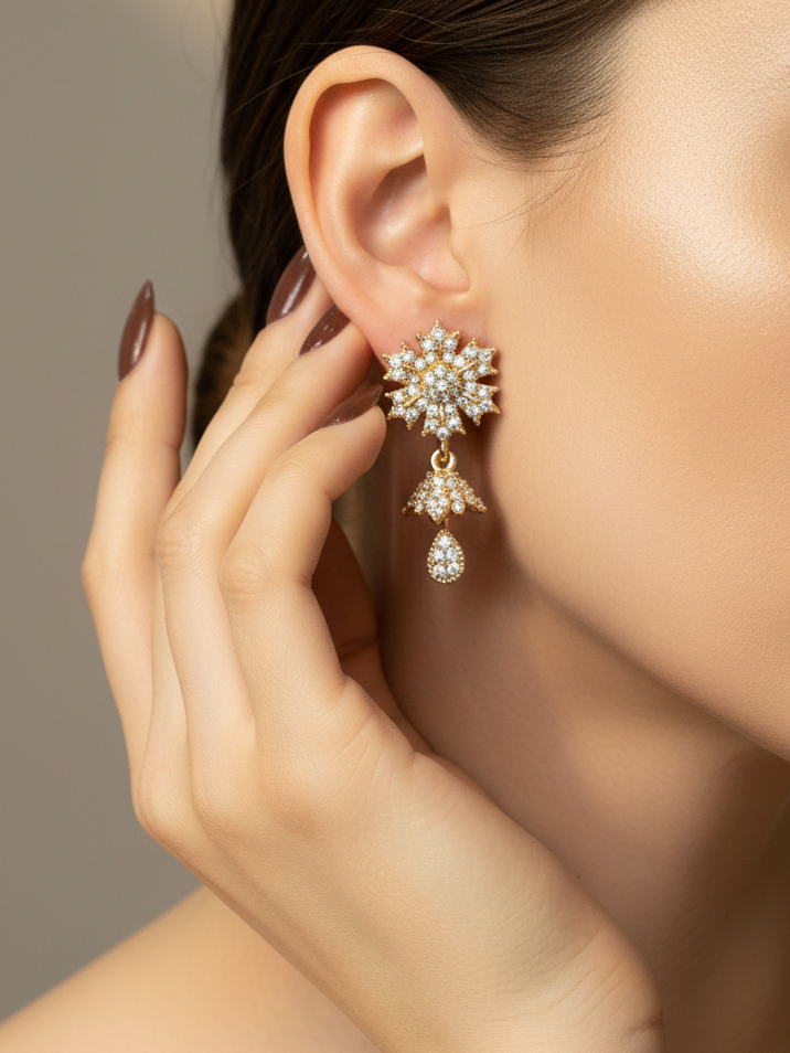 Gold-Plated CZ Floral Drop Earrings