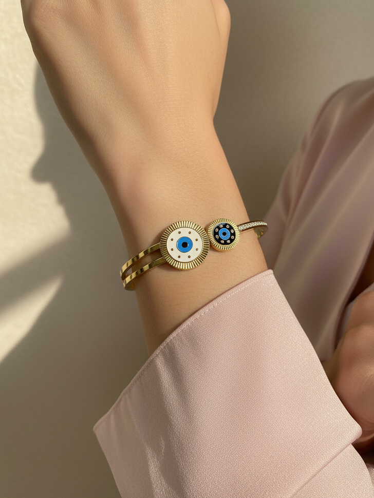 Double Evil Eye Gold Plated Stone-Studded Fashion Bracelet for Women & Girls