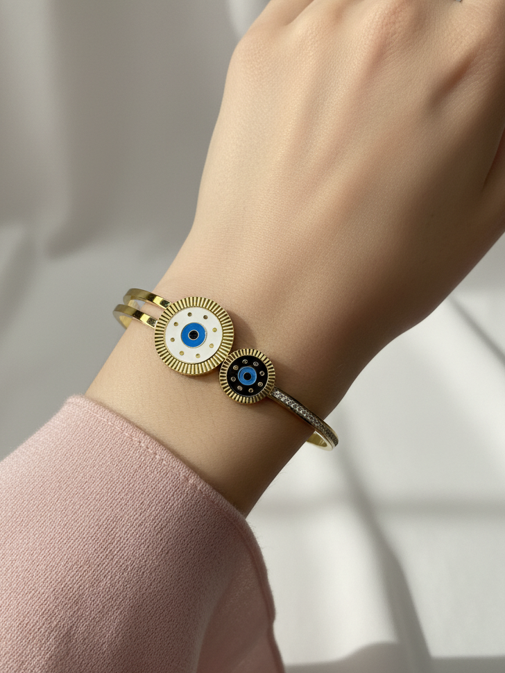 Double Evil Eye Gold Plated Stone-Studded Fashion Bracelet for Women & Girls