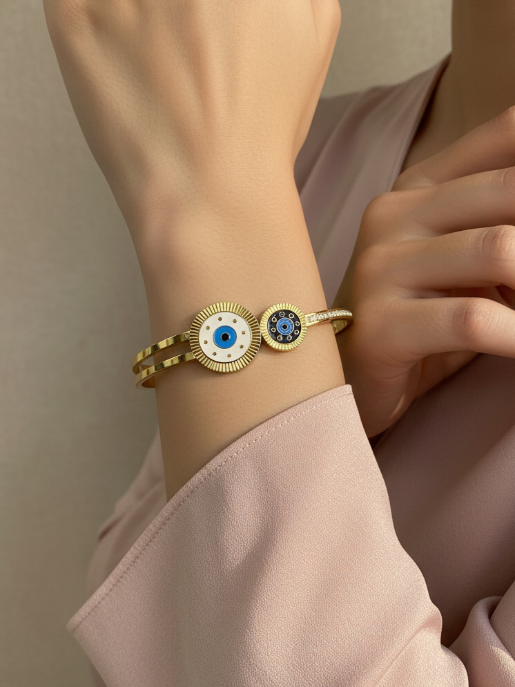 Double Evil Eye Gold Plated Stone-Studded Fashion Bracelet for Women & Girls