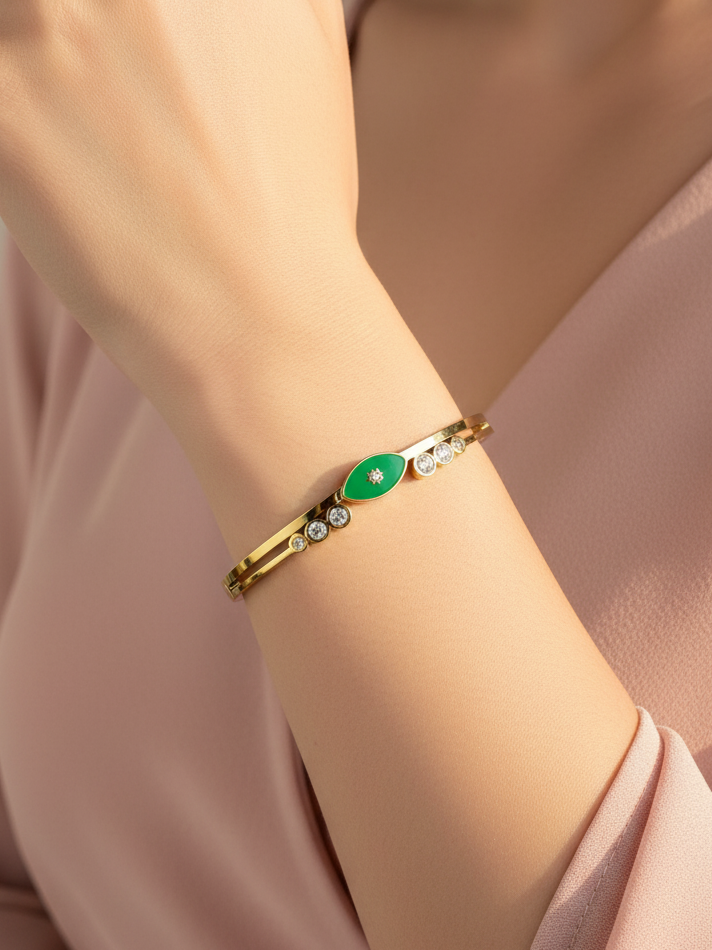 Green Evil Eye Gold Plated Stone-Studded Fashion Bracelet for Women & Girls