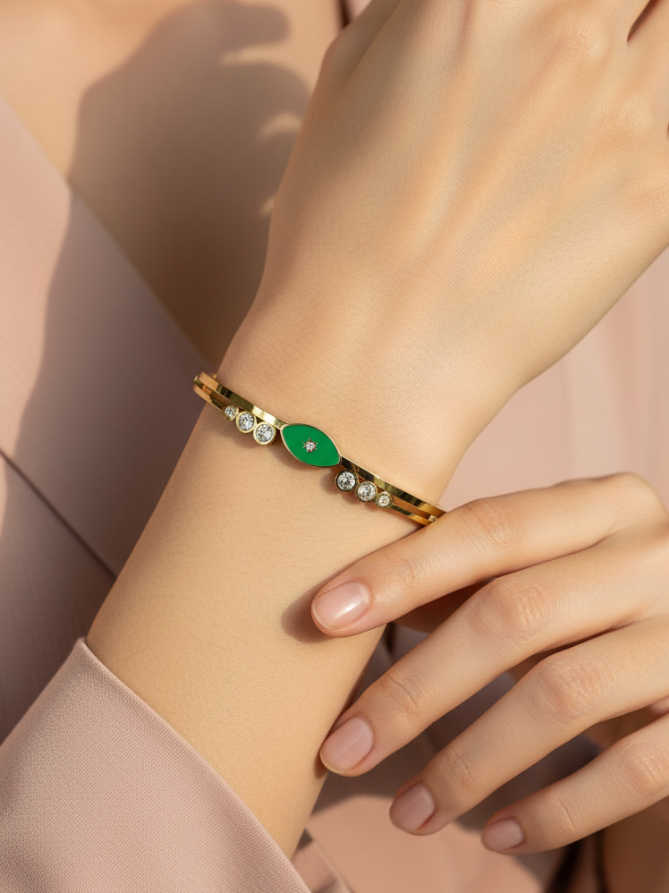 Green Evil Eye Gold Plated Stone-Studded Fashion Bracelet for Women & Girls