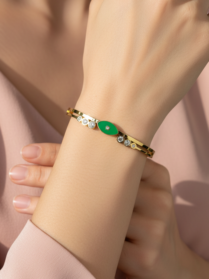 Green Evil Eye Gold Plated Stone-Studded Fashion Bracelet for Women & Girls