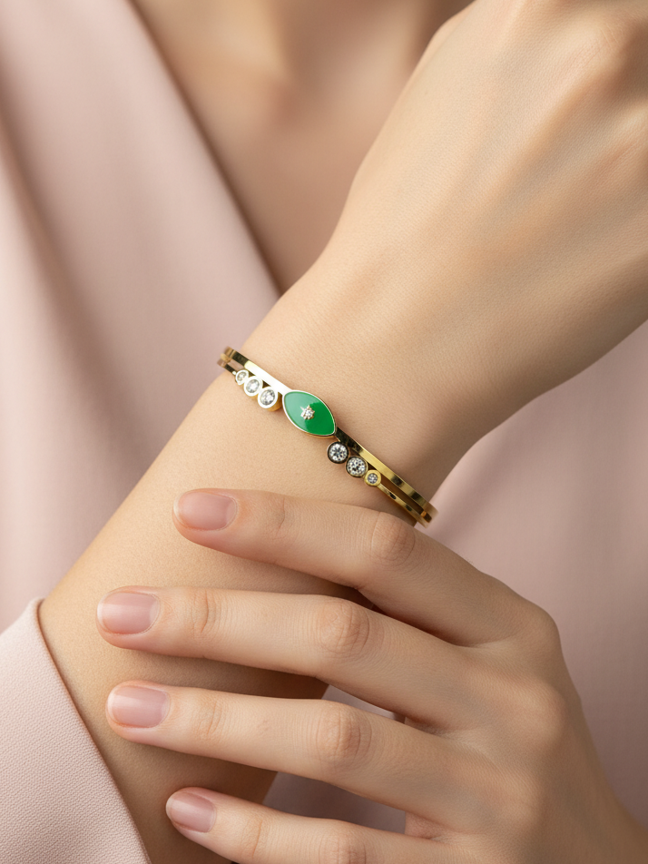 Green Evil Eye Gold Plated Stone-Studded Fashion Bracelet for Women & Girls