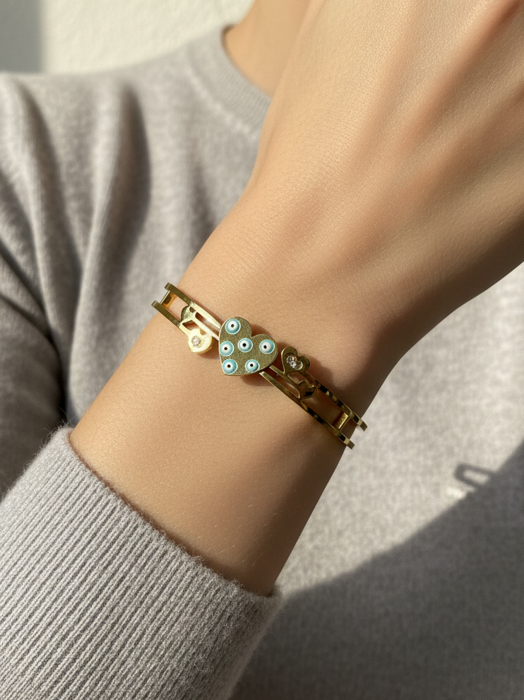 Green Heart Evil Eye Gold Plated Stone-Studded Fashion Bracelet for Women & Girls