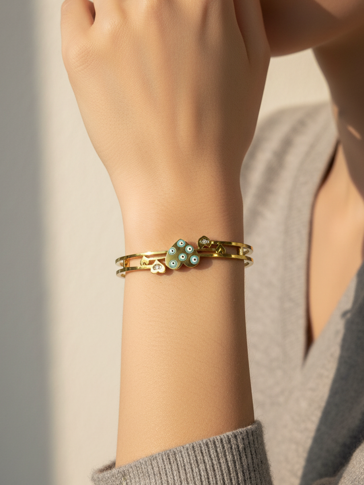 Green Heart Evil Eye Gold Plated Stone-Studded Fashion Bracelet for Women & Girls