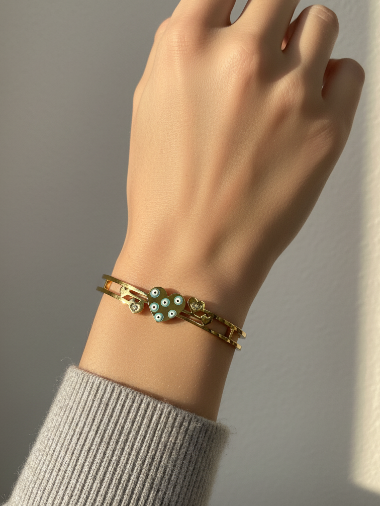 Green Heart Evil Eye Gold Plated Stone-Studded Fashion Bracelet for Women & Girls