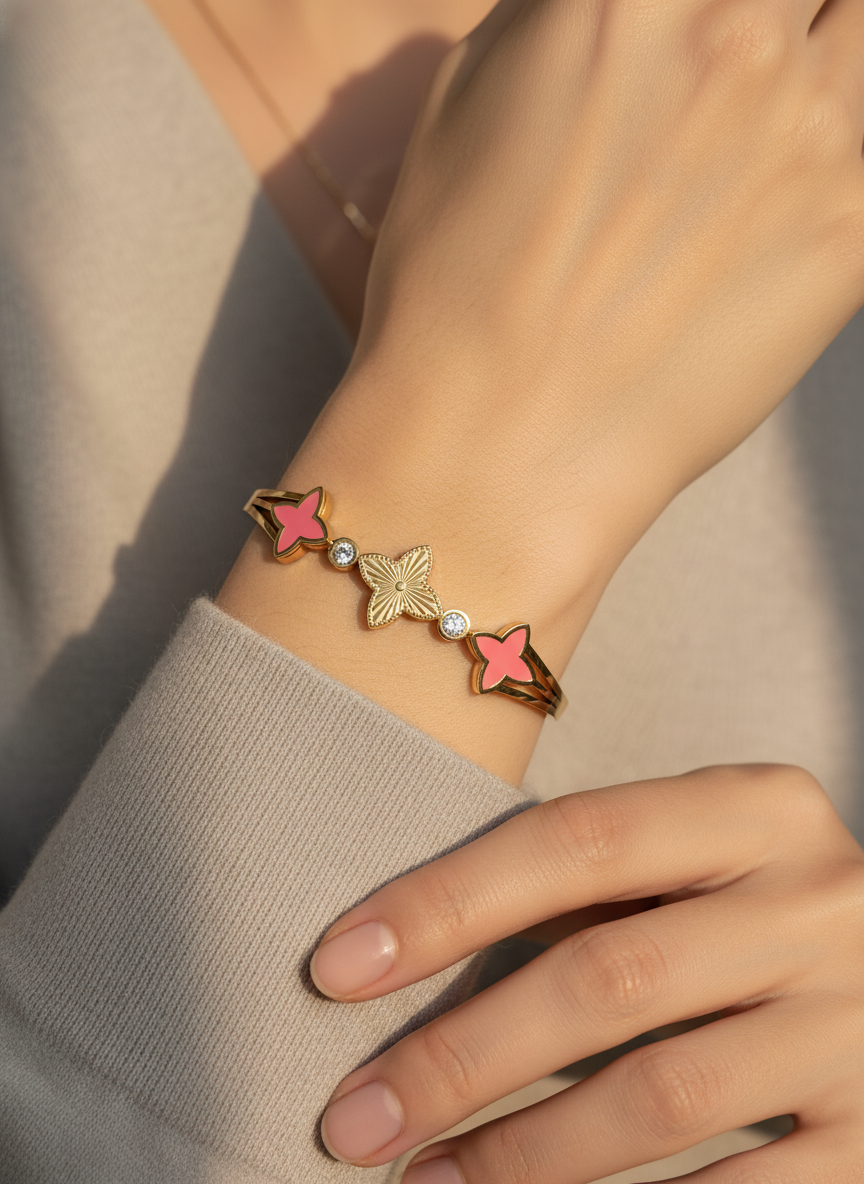 Pink Clover Motif Gold Plated Fashion Bracelet for Women & Girls