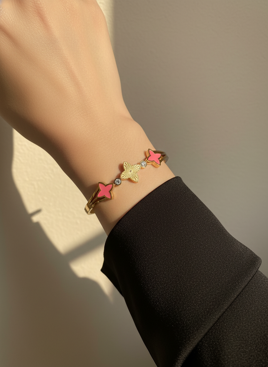 Pink Clover Motif Gold Plated Fashion Bracelet for Women & Girls