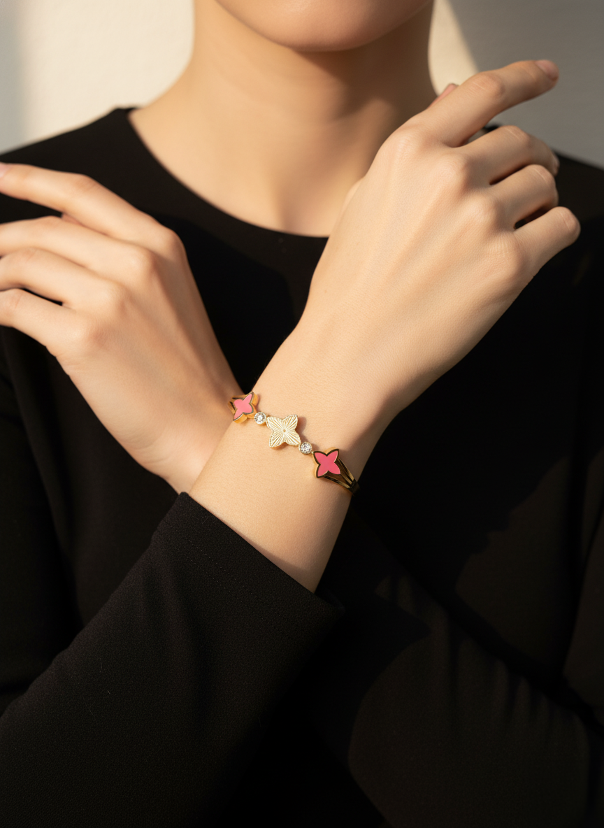 Pink Clover Motif Gold Plated Fashion Bracelet for Women & Girls