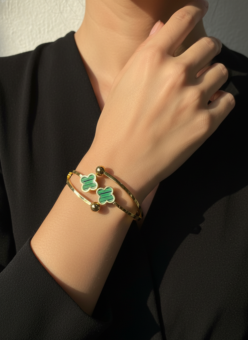 Green Clover Motif Gold Plated Openable Fashion Bracelet for Women & Girls